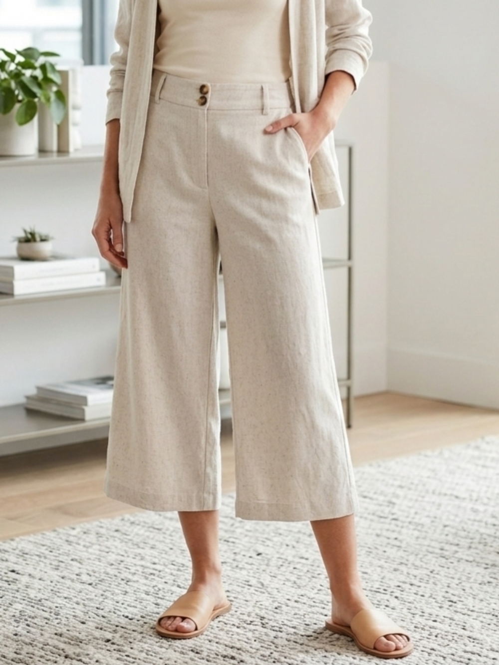 Ricki's Wide-Leg Cropped Pants in Oatmeal Beige Boho Travel Linen SZ 8